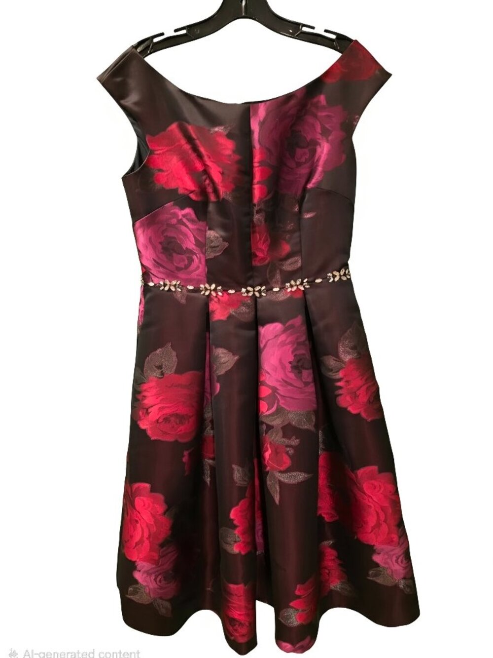 Eliza J Black Satin Midi Dress with Red and Purple Floral Print